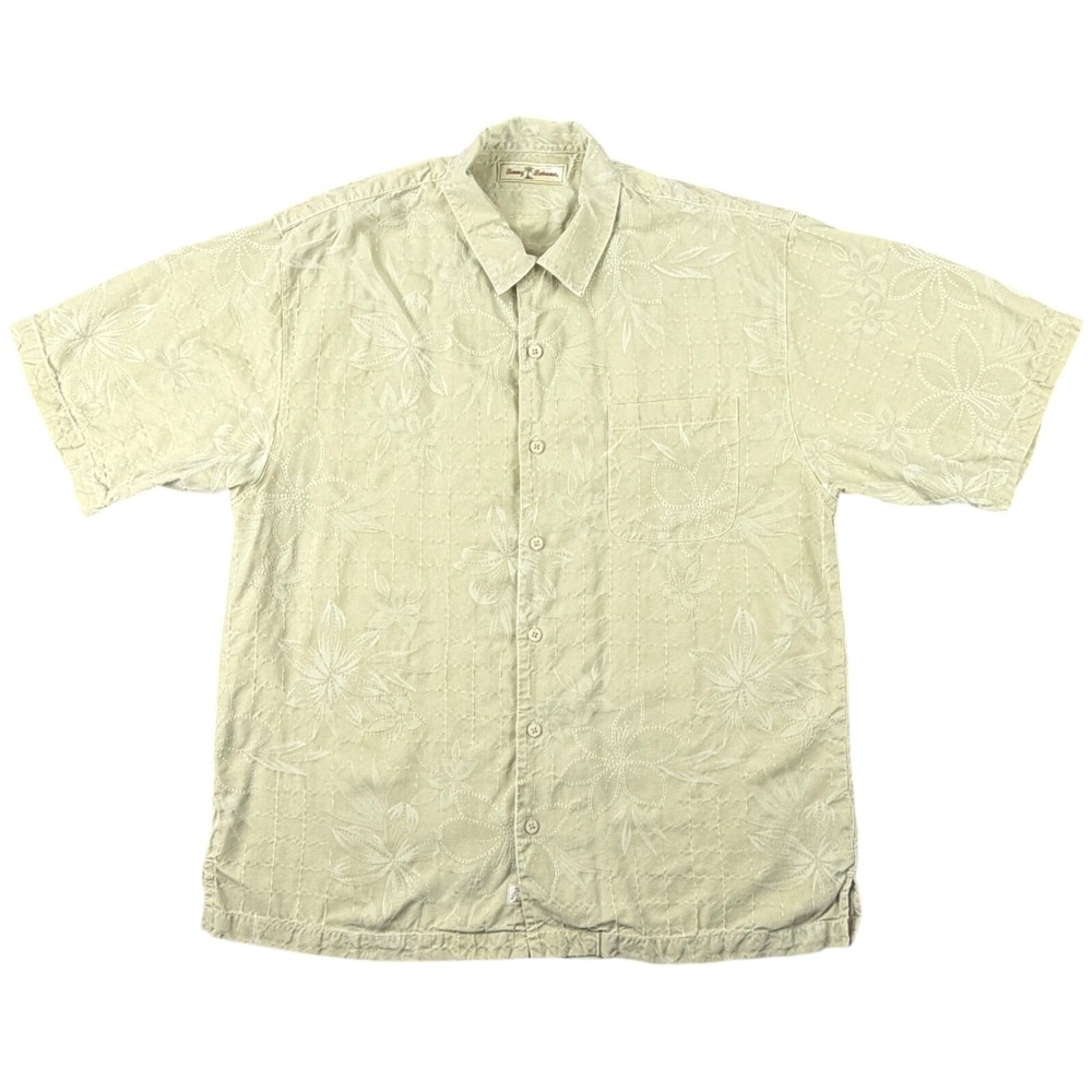 Tommy Bahama Mens' L Silk Light Sage Green Short Sleeve Button Up Floral Shirt